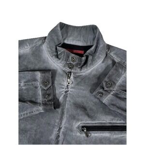 32 Bar Blues Washed Faded Canvas Blue Gray Full Zip Jacket Men's L‎ Moto Buttons